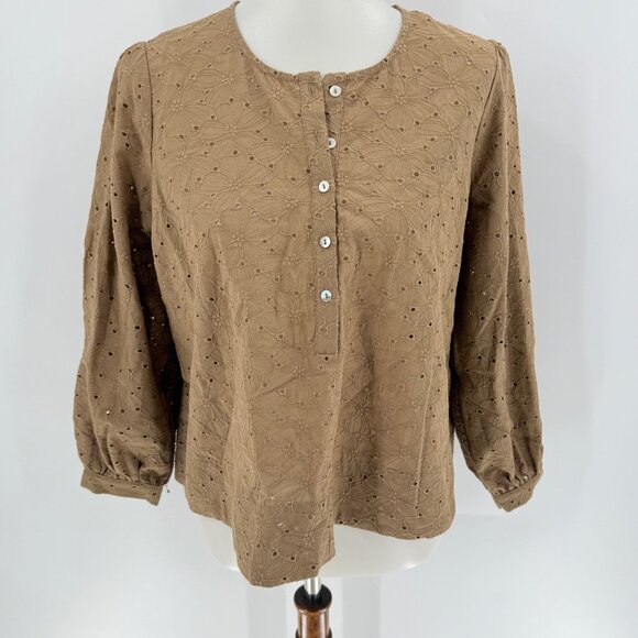 Serra Tops - Serra By Joie Rucker Womens Dune Brown Embroidered Button-Up Blouse 3/4 Sleeves,